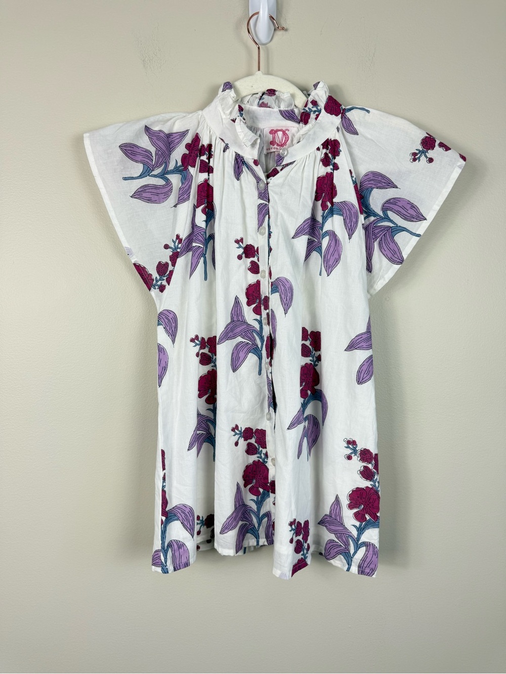 Victoria Dunn Top Womens XS Ruffle Pink Purple Floral Preppy Cotton Blouse Flowy